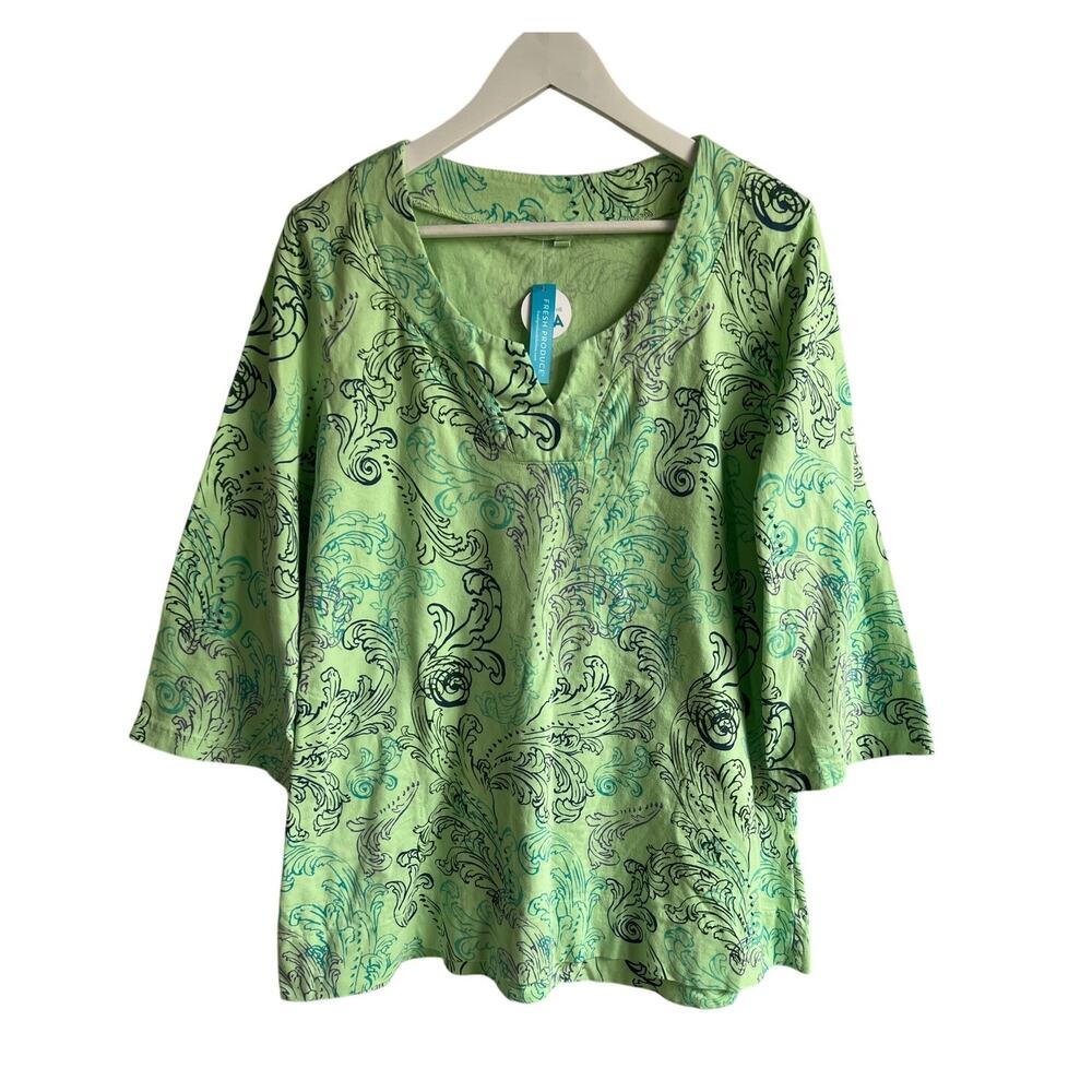 FRESH PRODUCE TOP WMNS MED/LARGE V-NECK FLORAL COTTON TUNIC BLOUSE GREEN NEW